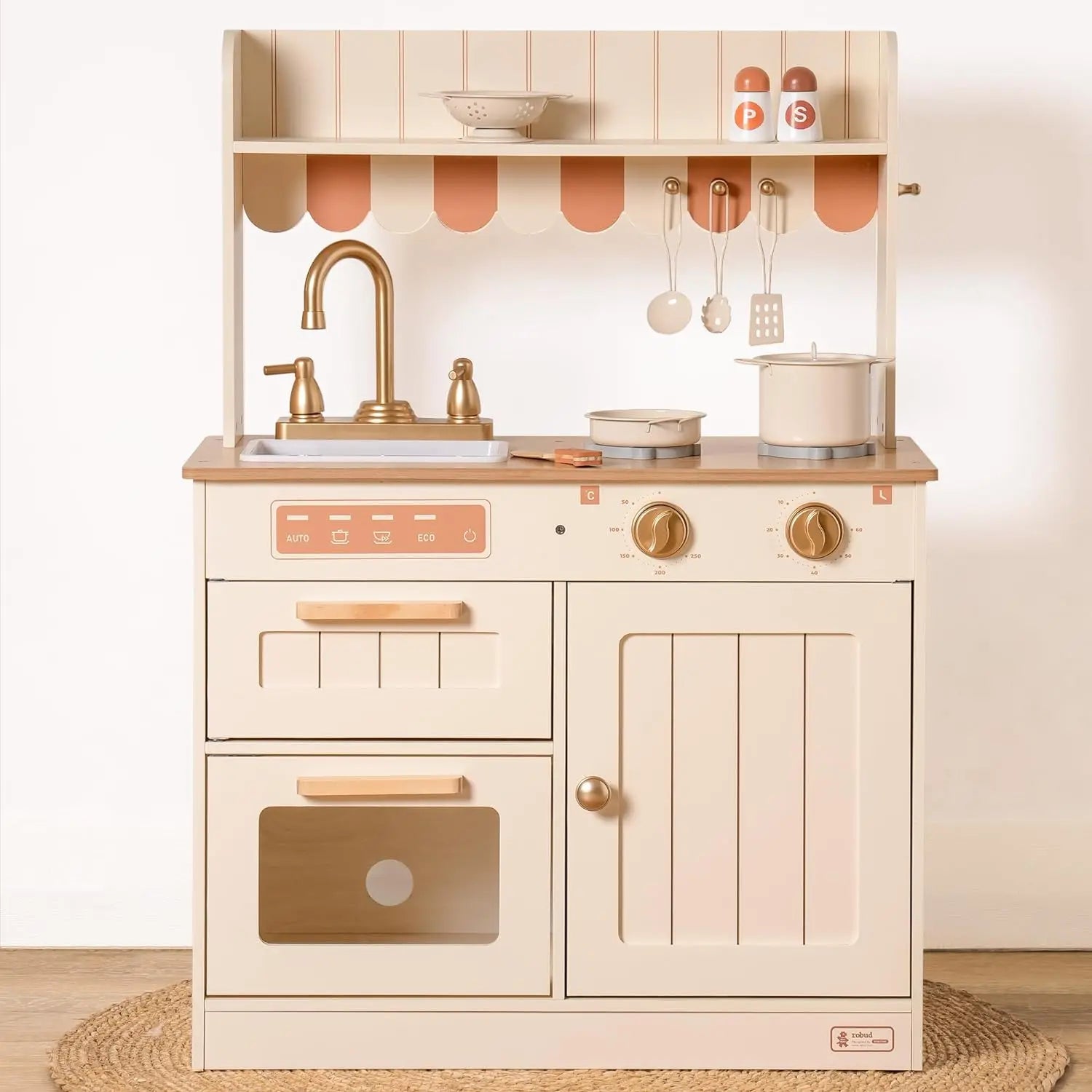 Play Kitchen Wooden Kids Kitchen Playset with Realistic Design Sink Oven, Stove Cabinet Vintage Style for Kids