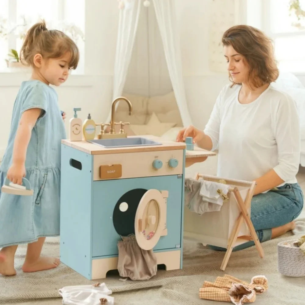 Washer Playset Pretend Play Toy Washing Machine with Clothes Basket Iron and Sink for Kids Age 3+Blue
