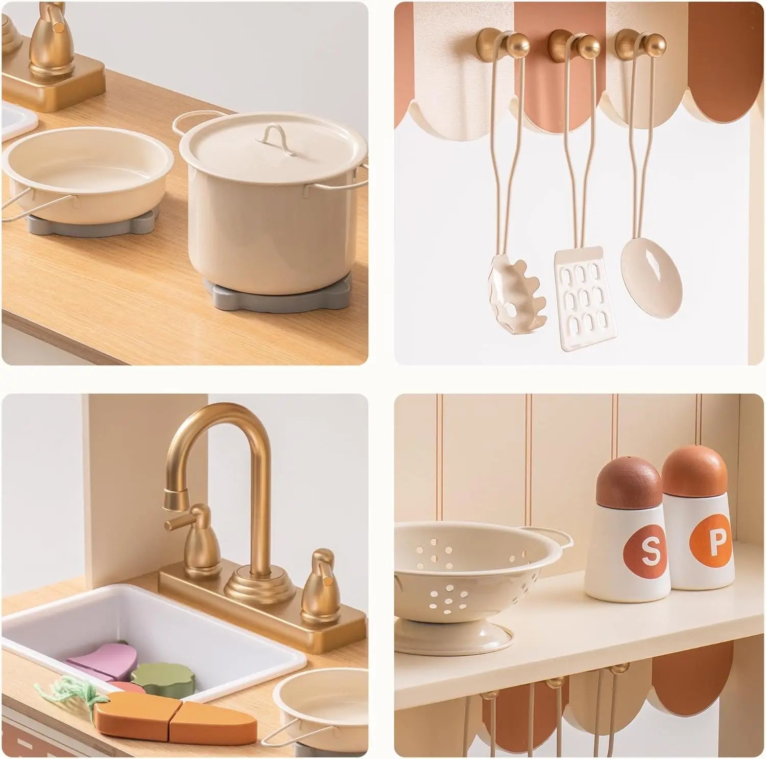 Play Kitchen Wooden Kids Kitchen Playset with Realistic Design Sink Oven, Stove Cabinet Vintage Style for Kids