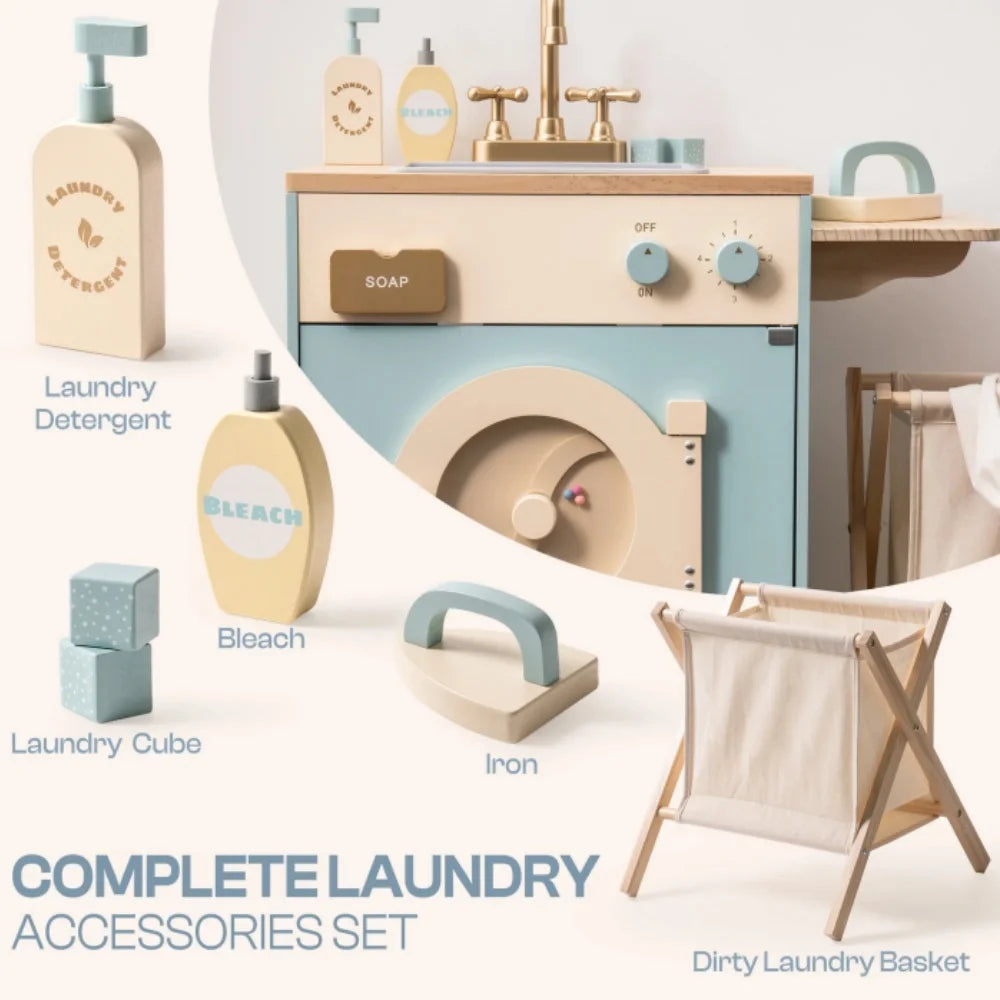 Washer Playset Pretend Play Toy Washing Machine with Clothes Basket Iron and Sink for Kids Age 3+Blue