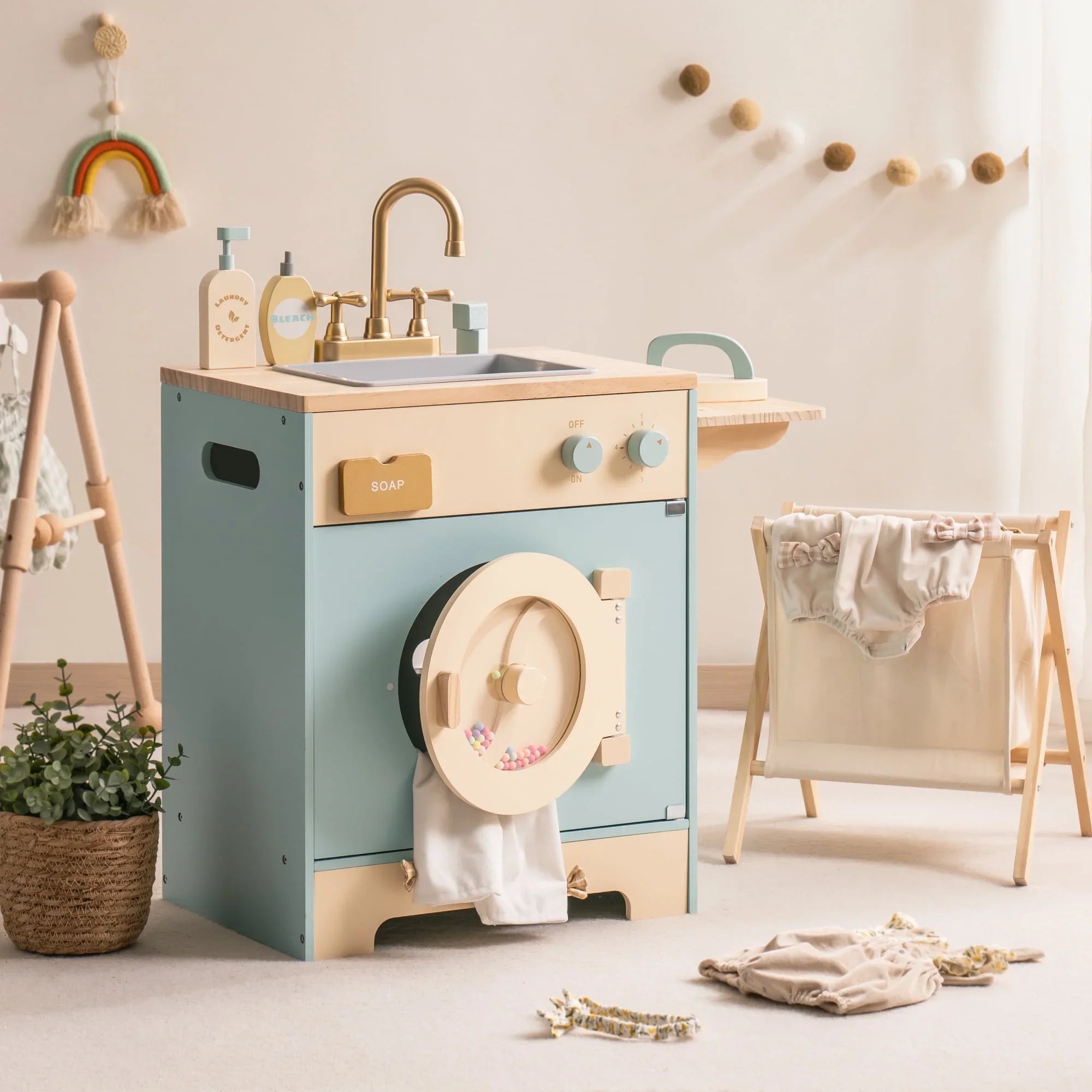 Washer Playset Pretend Play Toy Washing Machine with Clothes Basket Iron and Sink for Kids Age 3+Blue