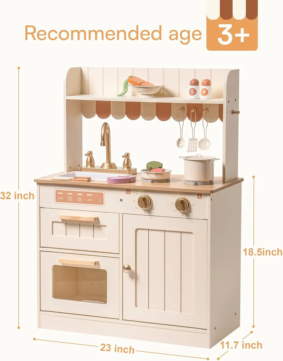 Play Kitchen Wooden Kids Kitchen Playset with Realistic Design Sink Oven, Stove Cabinet Vintage Style for Kids