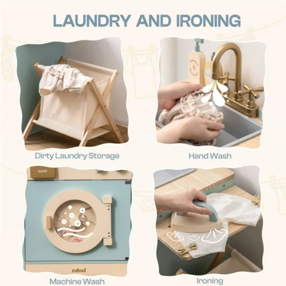 Washer Playset Pretend Play Toy Washing Machine with Clothes Basket Iron and Sink for Kids Age 3+Blue
