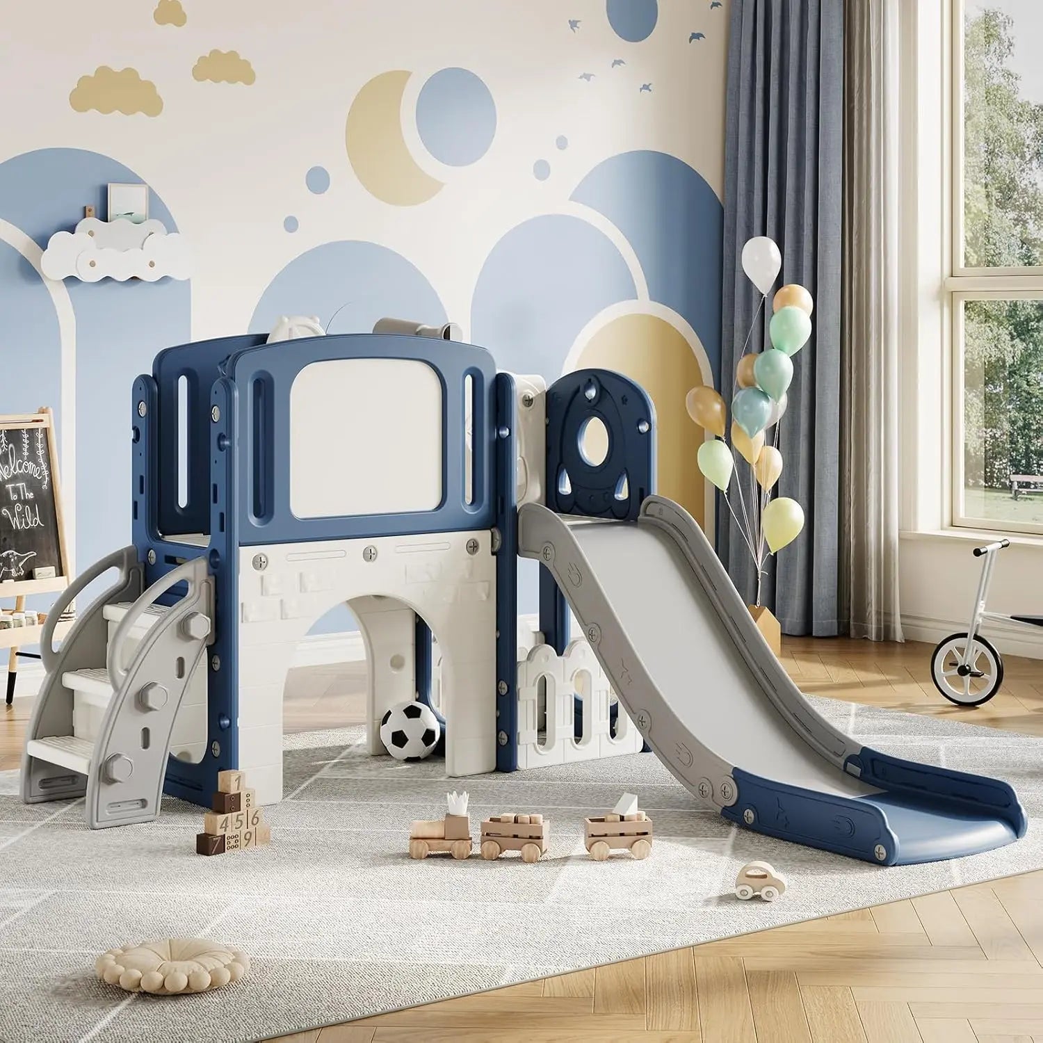 9 in 1 Toddler Slide, Kid Slide for Toddlers Age 1-3 with Ring Toss, Basketball Hoop, and Telescope, Playset Playground