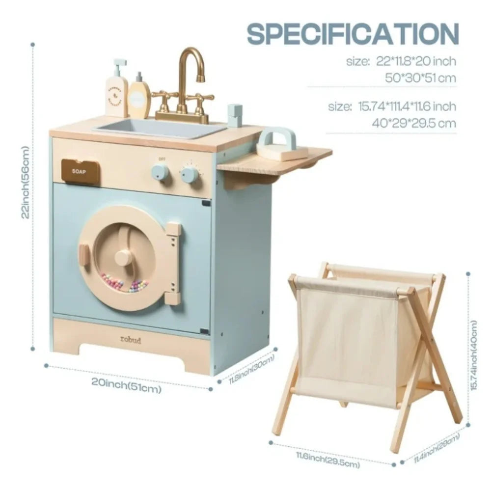 Washer Playset Pretend Play Toy Washing Machine with Clothes Basket Iron and Sink for Kids Age 3+Blue
